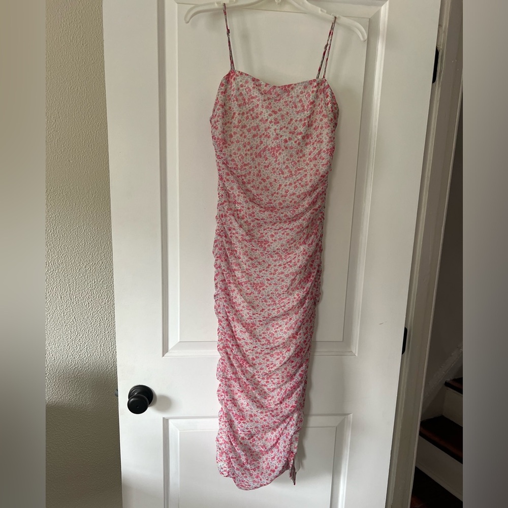 Bardot ditsy pink floral midi ruched dress